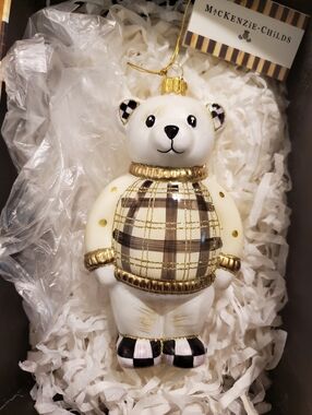 Rare Mackenzie Childs Courtly Check Teddy bear Glass Christmas Tree Ornament New